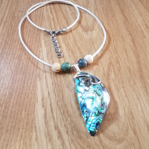 Hand Crafted Jewelry - Abalone Aventurine Jasper Leather Necklace